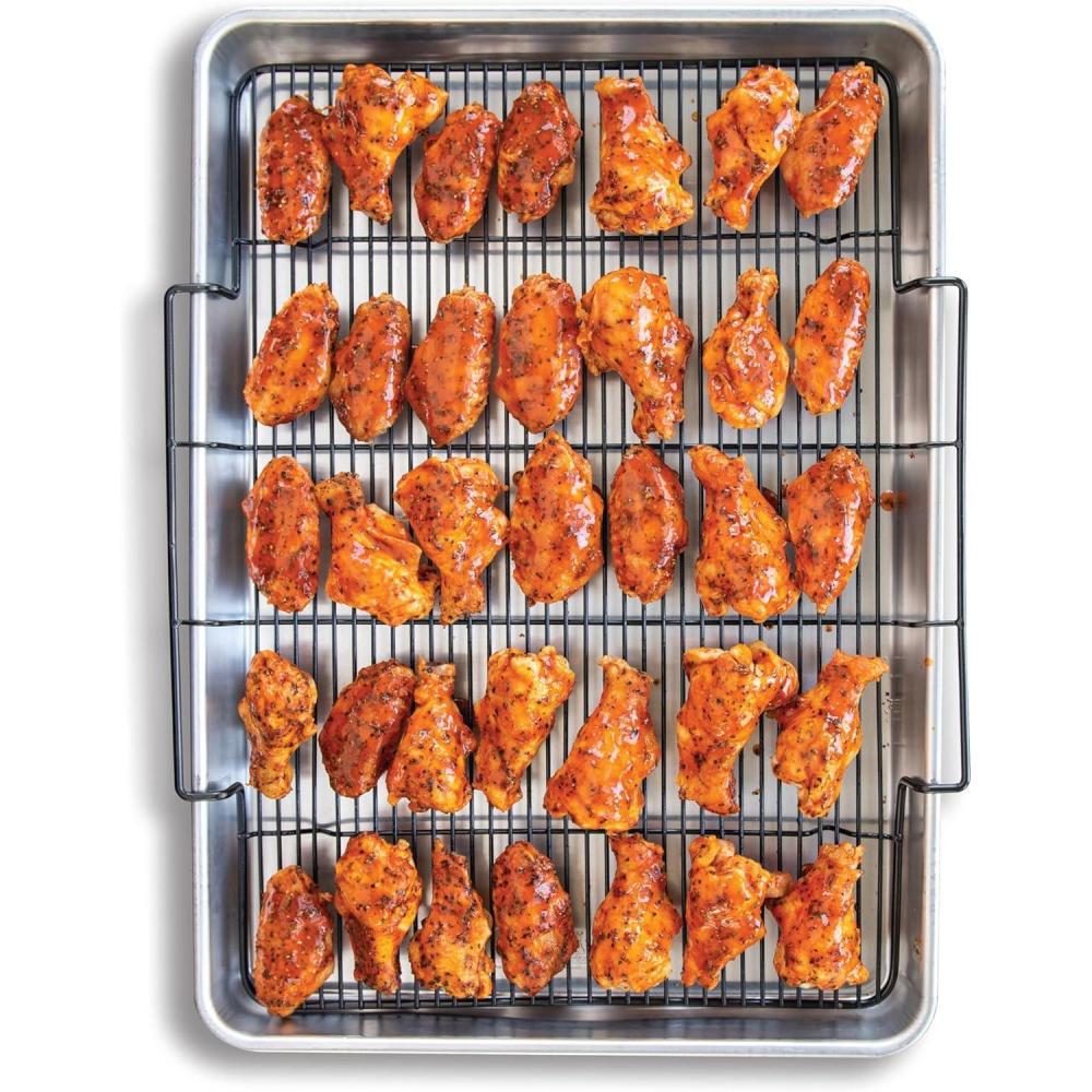 imageNordic Ware Oven Crisp Baking Tray 2pc Set Includes Pan and Rack Natural Aluminum For Air Frying Crisping Broiling Baking Cooking Surface 17 x 12 InchesNatural