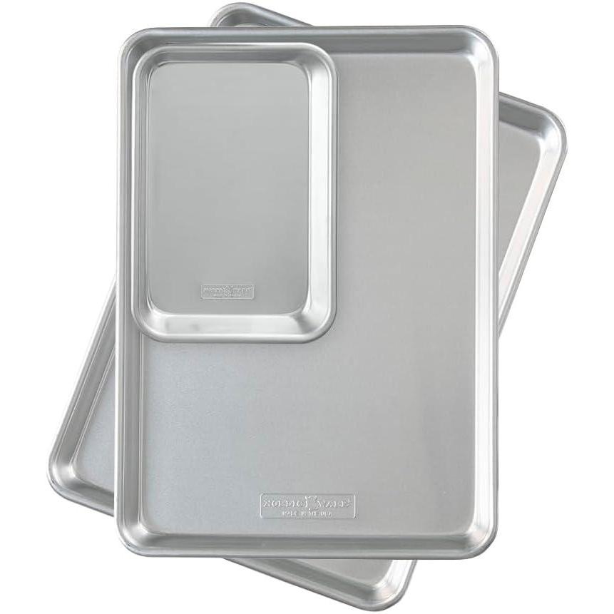 imageNordic Ware Naturals 3 Piece Set USA Made Aluminum Commercial Quality Sheet Pan for Baking or Roasting Encapsulated Galvanized Steel Rim Prevents Warping Half Sheet Jelly Roll and Quarter Sheet2pk Half 18 Sheet