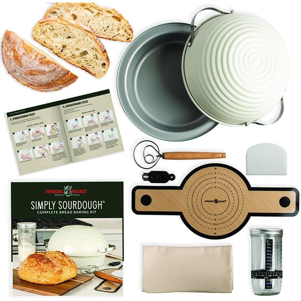 imageNordic Ware Simply Sourdough Complete Bread Baking Kit BAKING PAN INCLUDED Dual use Banneton lid 22pg Guide book wRecipes Danish Whisk Starter Jar Cutter Lifting Mat Scraper Cotton Liner