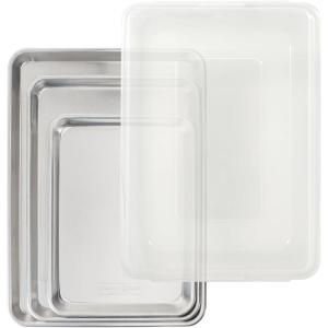 Nordic Ware Naturals 4 Piece Set – USA Made Aluminum Commercial Quality Pans for Baking or Roasting, Encapsulated Galvanized Steel Rim Prevents Warping; Quarter Sheet, Jelly Roll, Half Sheet with Lid