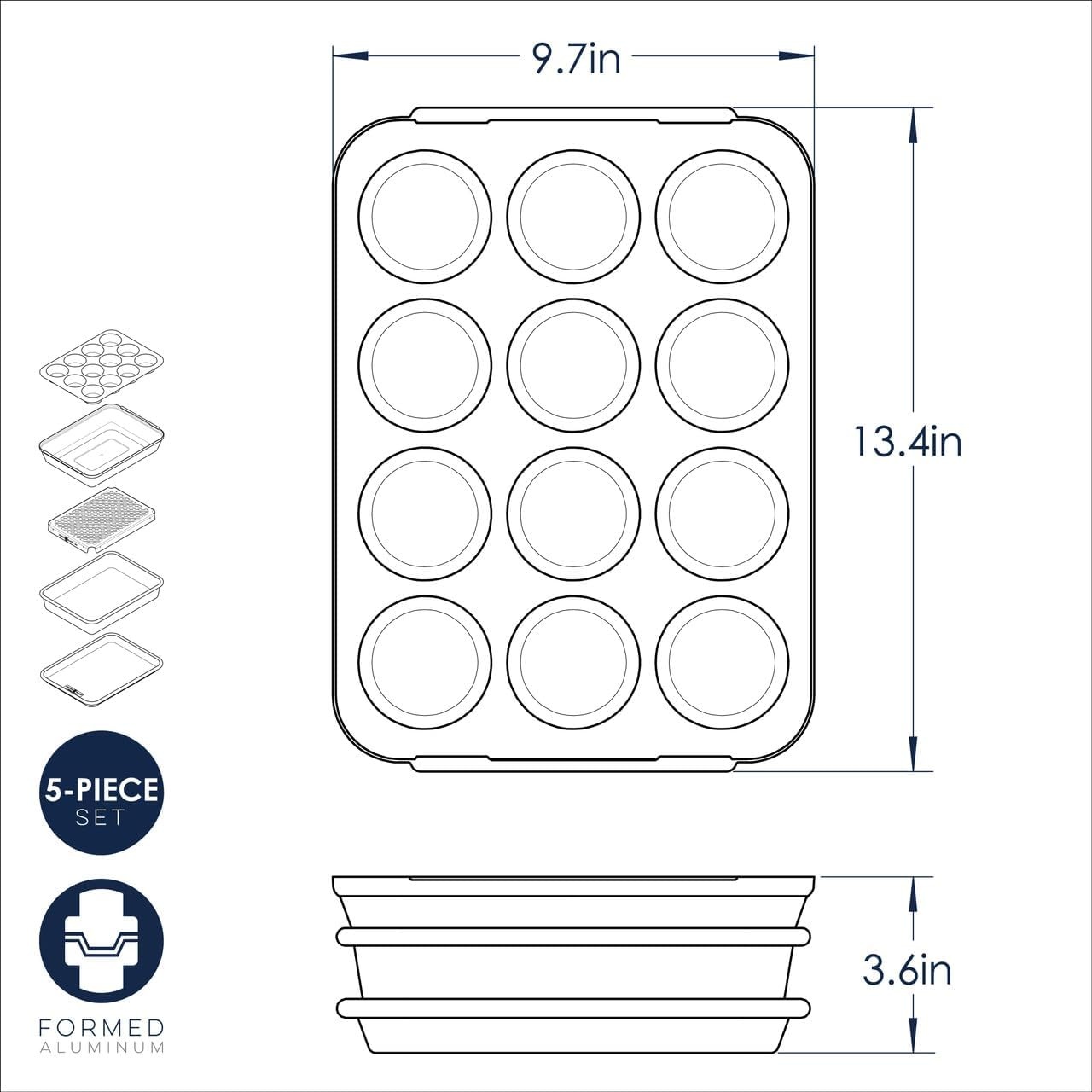 image:imageNordic Ware Naturals 5Piece Bake Set including Quarter Sheet 9 x 13 Rectangular Pan 12Cup Muffin Pan MultiTask Oven amp Cooling Rack and a High Domed Lid